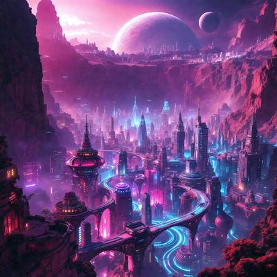 The primary subject of the image is a futuristic cityscape with a purple sky, featuring a large number of buildings and a bridge. The setting is a pink and purple city with a space station in the background. The visual style is a digital art or illustration, creating a vibrant and colorful atmosphere. The dominant colors are purple and pink, giving the scene a unique and imaginative appearance.